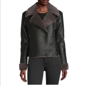 A.N.A black Faux leather mid-weight motorcycle jacket with faux leather lining.